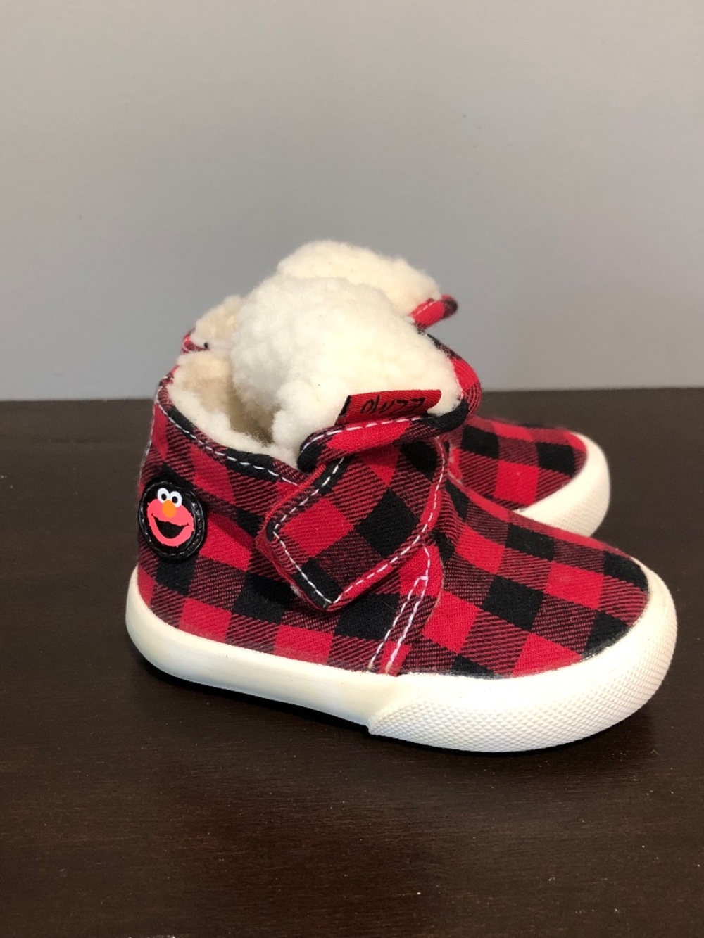 Baby Sesame Street ELMO Tartan Red Plaid Fleece Lined Booties Shoes Size Sz 2W